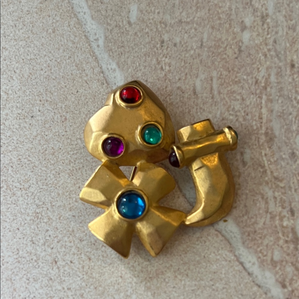 Vintage 80s Matte Gold Multi Cabachon Gem Heart Cross Dagger Brooch